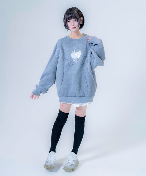 Re:CRYPT(リクリプト)の「切り替えクルーネックプリントスウェット / 裏起毛 オーバーサイズ アシンメトリー プルオーバー(スウェット・レディース・ブラック/グレー・F)」の8枚目の写真