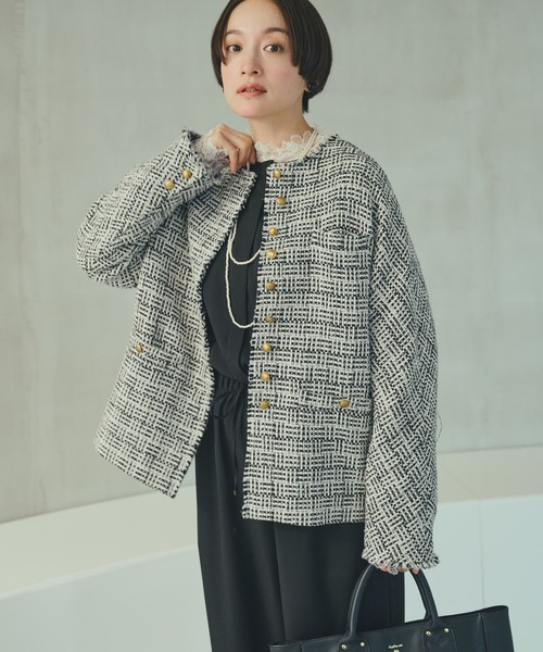 セール】アソート ツイードノーカラージャケット（ノーカラー