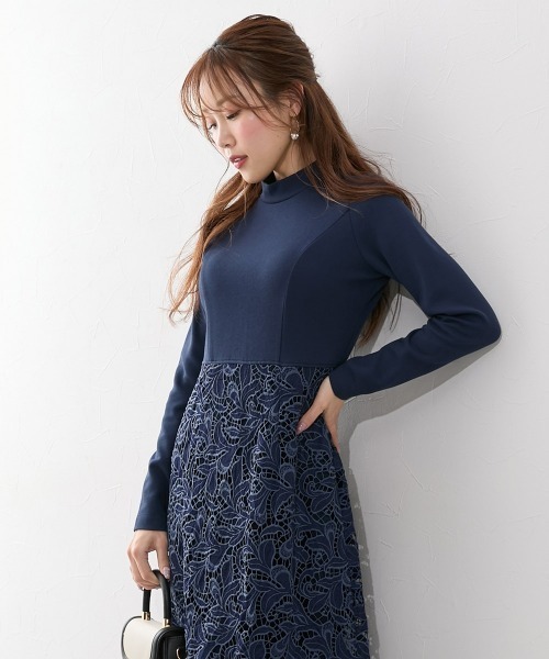 Nissen glamor（ニッセングラマー）の「【大きい胸専用】プチハイネックレースドッキング長袖ワンピース（ワンピース・レディース・ブラック/ネイビー・L/LL/M）」の19枚目の写真