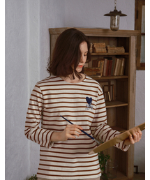 Marine Striped T-shirt 1 (Wood Brown+Ecru)