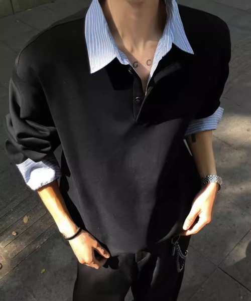 WYZ wear(ダブリューワイジィーウェア)の「オーバーサイズシャツレイヤードスウェット/ユニセックス(スウェット・メンズ・ブラック/グレー・M/L/XL)」の16枚目の写真