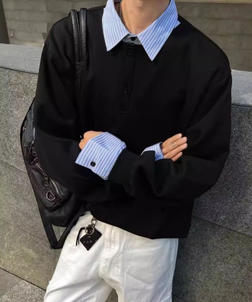 WYZ wear(ダブリューワイジィーウェア)の「オーバーサイズシャツレイヤードスウェット/ユニセックス(スウェット・メンズ・ブラック/グレー・M/L/XL)」の19枚目の写真