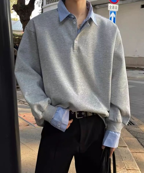 WYZ wear(ダブリューワイジィーウェア)の「オーバーサイズシャツレイヤードスウェット/ユニセックス(スウェット・メンズ・ブラック/グレー・M/L/XL)」の3枚目の写真