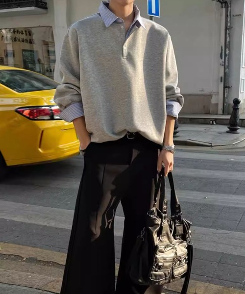 WYZ wear(ダブリューワイジィーウェア)の「オーバーサイズシャツレイヤードスウェット/ユニセックス(スウェット・メンズ・ブラック/グレー・M/L/XL)」の6枚目の写真