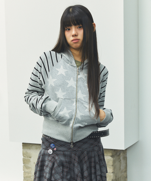 W Raglan Star Zip Up Hoodie GREY (CV2FFFM482A) — женское худи с рукавом реглан, серое
