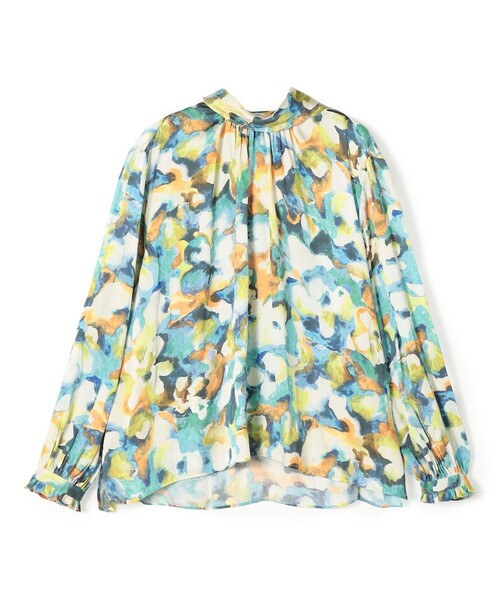 美品 BALLSEY 定価：19,440 フラワープリント シャツブラウス モノクロームフラワープリント ピンタックフレンチスリーブブラウス