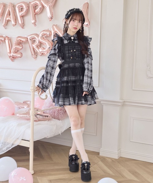 ROJITA（ロジータ）の「チュールエプロン付きメイドワンピース（ワンピース・レディース・チェック/ブラック/ピンク・FREE）」の6枚目の写真