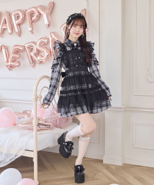 ROJITA（ロジータ）の「チュールエプロン付きメイドワンピース（ワンピース・レディース・チェック/ブラック/ピンク・FREE）」の7枚目の写真