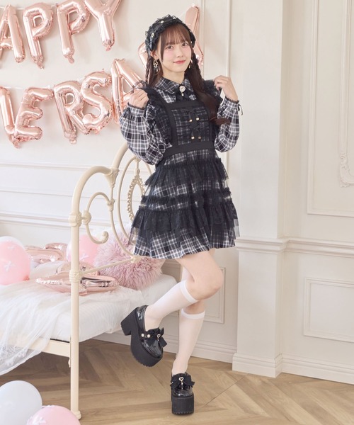 ROJITA（ロジータ）の「チュールエプロン付きメイドワンピース（ワンピース・レディース・チェック/ブラック/ピンク・FREE）」の4枚目の写真