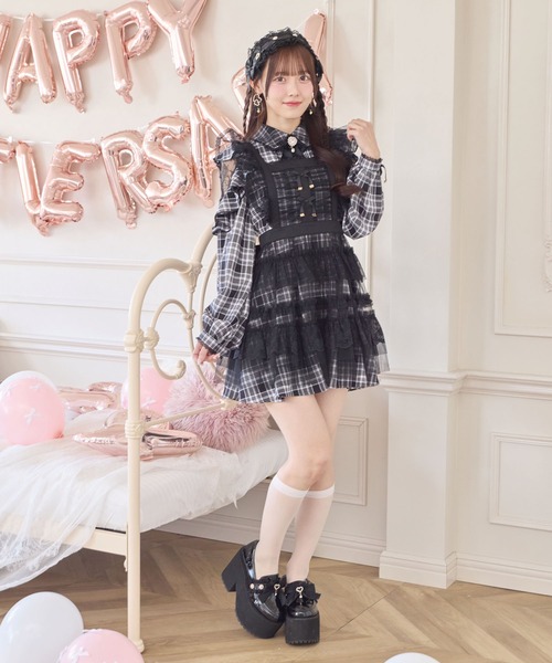 ROJITA（ロジータ）の「チュールエプロン付きメイドワンピース（ワンピース・レディース・チェック/ブラック/ピンク・FREE）」の5枚目の写真