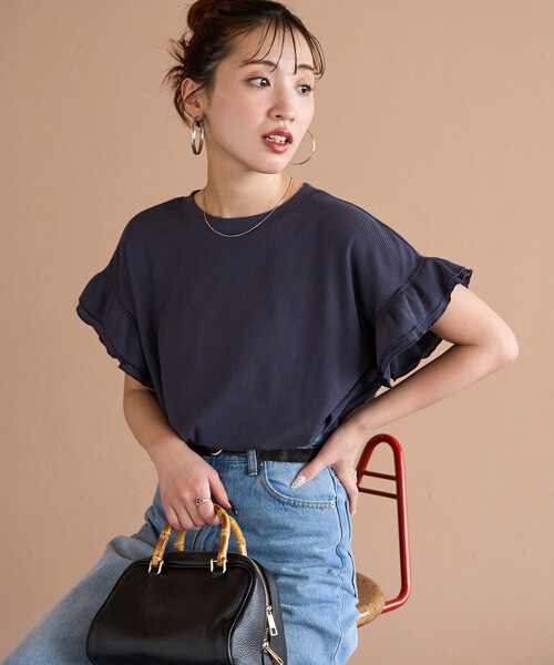 FREAK'S STORE(フリークスストア)の「限定展開 ライト ワッフル フリル 袖 トップス(Tシャツ/カットソー・レディース・ライトグレー/ナチュラル/ネイビー/スミクロ/グリーン/ピンク/ブラウン・フリ-)」の6枚目の写真
