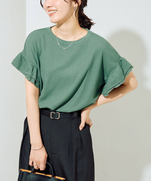 FREAK'S STORE(フリークスストア)の「限定展開 ライト ワッフル フリル 袖 トップス(Tシャツ/カットソー・レディース・ライトグレー/ナチュラル/ネイビー/スミクロ/グリーン/ピンク/ブラウン・フリ-)」の22枚目の写真