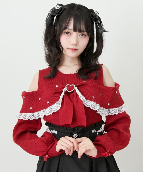 DearMyLove（ディアマイラブ）の「キラキラハートリボンオフショルニット（ニット/セーター・レディース・ボルドー/ブラック・MEDIUM/3L/LARGE）」の3枚目の写真