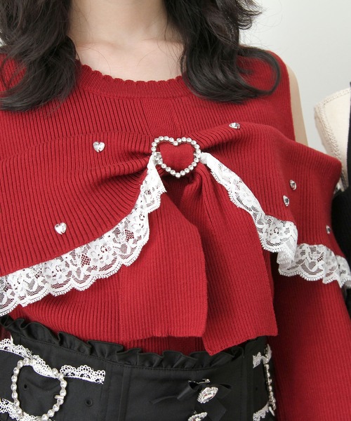 DearMyLove（ディアマイラブ）の「キラキラハートリボンオフショルニット（ニット/セーター・レディース・ボルドー/ブラック・MEDIUM/3L/LARGE）」の8枚目の写真