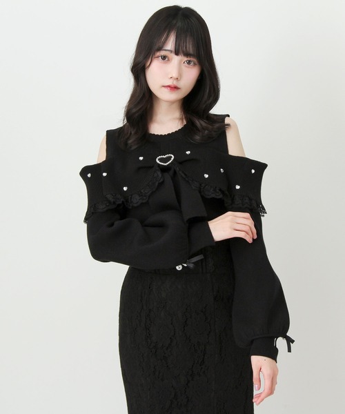 DearMyLove（ディアマイラブ）の「キラキラハートリボンオフショルニット（ニット/セーター・レディース・ボルドー/ブラック・MEDIUM/3L/LARGE）」の10枚目の写真