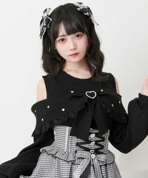 DearMyLove（ディアマイラブ）の「キラキラハートリボンオフショルニット（ニット/セーター・レディース・ボルドー/ブラック・MEDIUM/3L/LARGE）」の13枚目の写真