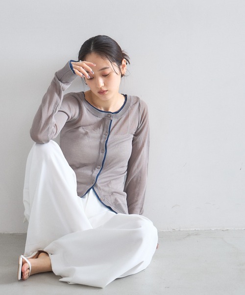 &. NOSTALGIA(アンドドットノスタルジア)の「リネンライクシアー配色カーデ(カーディガン/ボレロ・レディース・アイボリー/グレー・M)」の10枚目の写真