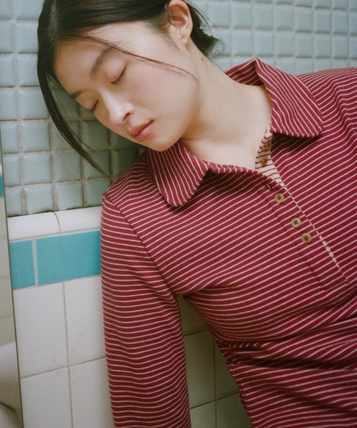PAMM(パム)の「罫線のボーダーポロトップス(Tシャツ/カットソー・レディース・ベージュ系/レッド系/ブラウン系・1/2)」の21枚目の写真