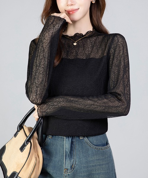 Girly Doll(ガーリードール)の「シアーフリルハイネックトップス(Tシャツ/カットソー・レディース・ブラック/オフホワイト・F)」の1枚目の写真