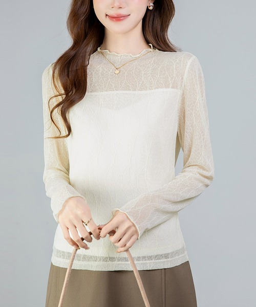 Girly Doll(ガーリードール)の「シアーフリルハイネックトップス(Tシャツ/カットソー・レディース・ブラック/オフホワイト・F)」の3枚目の写真