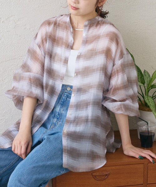 CIAOPANIC TYPY(チャオパニックティピー)の「テンセルシアーアソート柄バンドカラーシャツ(シャツ/ブラウス・レディース・グリーン/ブラウン/サックスブルー/パープル・ONE SIZE)」の4枚目の写真
