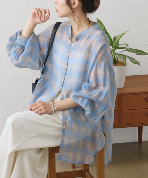 CIAOPANIC TYPY(チャオパニックティピー)の「テンセルシアーアソート柄バンドカラーシャツ(シャツ/ブラウス・レディース・グリーン/ブラウン/サックスブルー/パープル・ONE SIZE)」の3枚目の写真