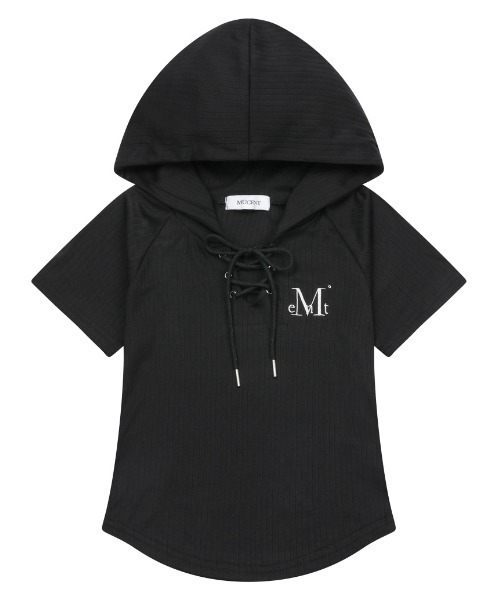 MUCENT（ムセント）の「A'GEM/9 × .kom 『MUCENT/ムセント』AMANE PUNCHING EYELET REGLAN HALF HOOD T/AMANE パンチング アイレット ラグラン フード付き半袖Tシャツ（Tシャツ/カットソー・レディース・チャコールグレー/ブラック・FREE）」の2枚目の写真