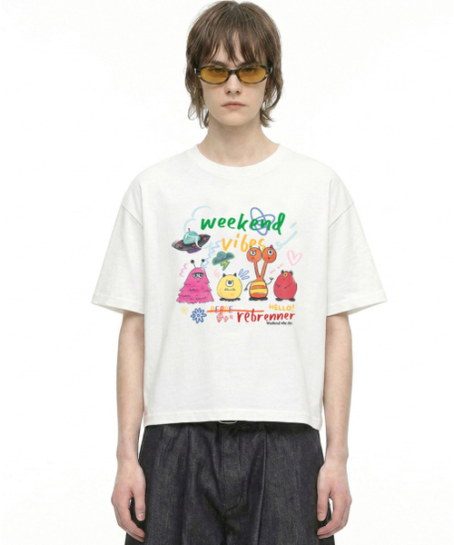 REBRENNER(リブレンナー)の「DTF ウィークエンドバイブ クールコットンクロップ半袖Tシャツ ホワイト(Tシャツ/カットソー・メンズ・ホワイト・MEDIUM/LARGE/X-LARGE)」の1枚目の写真