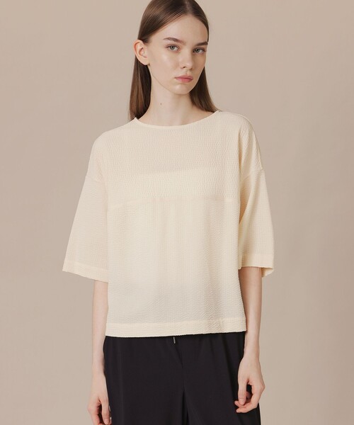 MACKINTOSH LONDON（マッキントッシュ ロンドン）の「【WEB・一部店舗限定】ストレッチサッカーストライプ半袖ブラウス（Tシャツ/カットソー・レディース・ブルー系その他4/ホワイト系その他/オレンジ/グレー系その他・38）」の2枚目の写真
