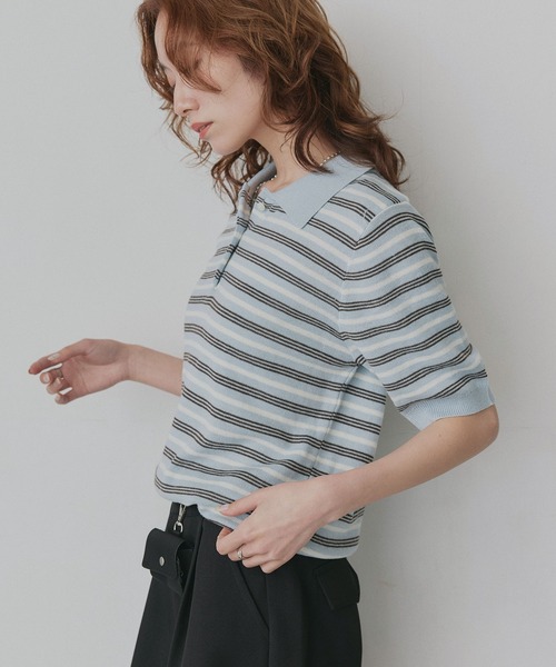 ad thie(アドティエ)の「マルチボーダー ポロ ニット(ニット/セーター・レディース・グレー/ライトブルー/アイボリー・FREE)」の10枚目の写真