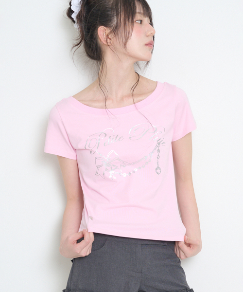 ILLIGO(イリゴ)の「グリッターボートネックTシャツピンク(Tシャツ/カットソー・レディース・その他・OS)」の2枚目の写真