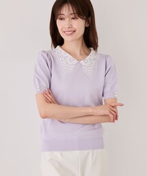 衿レース+ビジュー半袖ニット