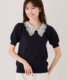 衿レース+ビジュー半袖ニット