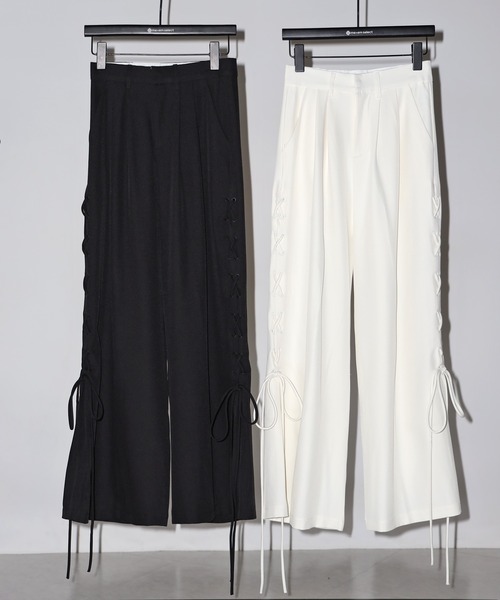 me+em select(ミームセレクト)の「【 2color /4size 】レースアップダブルタックワイドスラックス / laceup double tack wide slacks(スラックス・レディース・ブラック/アイボリー・LARGE/MEDIUM/SMALL/X-SMALL)」の4枚目の写真