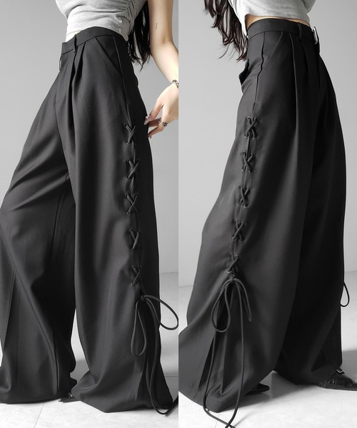 me+em select(ミームセレクト)の「【 2color /4size 】レースアップダブルタックワイドスラックス / laceup double tack wide slacks(スラックス・レディース・ブラック/アイボリー・LARGE/MEDIUM/SMALL/X-SMALL)」の5枚目の写真