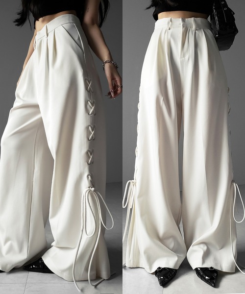 me+em select(ミームセレクト)の「【 2color /4size 】レースアップダブルタックワイドスラックス / laceup double tack wide slacks(スラックス・レディース・ブラック/アイボリー・LARGE/MEDIUM/SMALL/X-SMALL)」の6枚目の写真