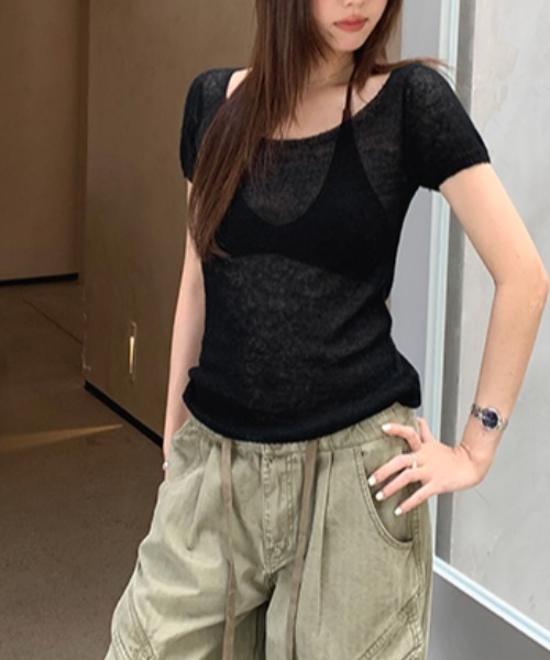 LUCPY(ラクピー)の「シアーUネック半袖トップス(その他トップス・レディース・ブルー/ホワイト/ブラック/パープル/グリーン・MEDIUM/LARGE/SMALL)」の2枚目の写真