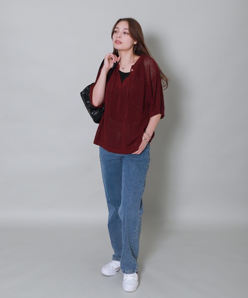 libelle more(リベル モア)の「キーネック透かし編みメッシュニット(ニット/セーター・レディース・ボルドー/イエロー/ブルーグレー/ブラック・M)」の18枚目の写真