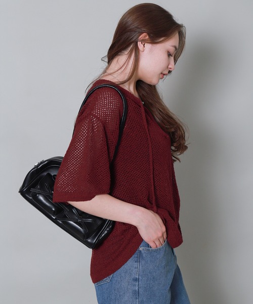 libelle more(リベル モア)の「キーネック透かし編みメッシュニット(ニット/セーター・レディース・ボルドー/イエロー/ブルーグレー/ブラック・M)」の22枚目の写真