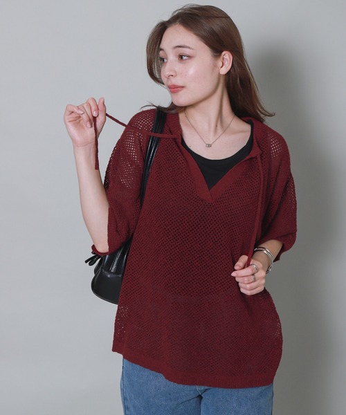 libelle more(リベル モア)の「キーネック透かし編みメッシュニット(ニット/セーター・レディース・ボルドー/イエロー/ブルーグレー/ブラック・M)」の22枚目の写真