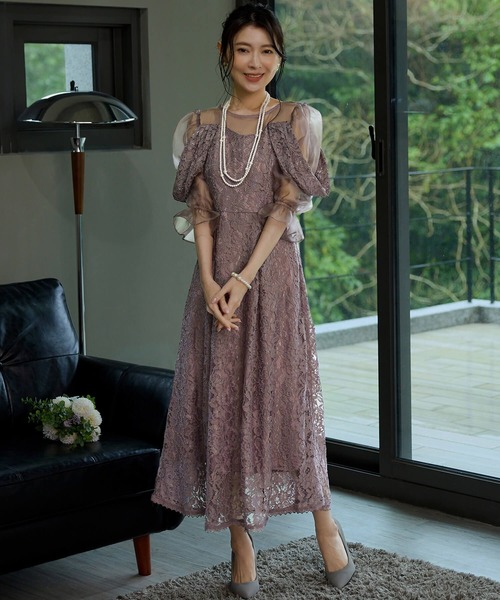 Cinderella(シンデレラ)の「ドレス ワンピース パーティドレス 結婚式 お呼ばれ 二次会 謝恩会 オケージョンドレス 総レース フォーマルドレス パフスリーブ レースドレス シアー袖 シースルー シアーデコルテ フォーマルワンピース ハイウエスト フレアスカート ロング丈 ミモレ丈 同窓会(ドレス・レディース・ラベンダー/ネイビー/ベージュ・LARGE/X-LARGE/MEDIUM)」の3枚目の写真