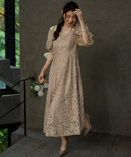 Cinderella(シンデレラ)の「ドレス ワンピース パーティドレス 結婚式 お呼ばれ 二次会 謝恩会 オケージョンドレス 総レース フォーマルドレス パフスリーブ レースドレス シアー袖 シースルー シアーデコルテ フォーマルワンピース ハイウエスト フレアスカート ロング丈 ミモレ丈 同窓会(ドレス・レディース・ラベンダー/ネイビー/ベージュ・LARGE/X-LARGE/MEDIUM)」の1枚目の写真