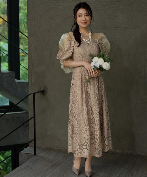 Cinderella(シンデレラ)の「ドレス ワンピース パーティドレス 結婚式 お呼ばれ 二次会 謝恩会 オケージョンドレス 総レース フォーマルドレス パフスリーブ レースドレス シアー袖 シースルー シアーデコルテ フォーマルワンピース ハイウエスト フレアスカート ロング丈 ミモレ丈 同窓会(ドレス・レディース・ラベンダー/ネイビー/ベージュ・LARGE/X-LARGE/MEDIUM)」の4枚目の写真