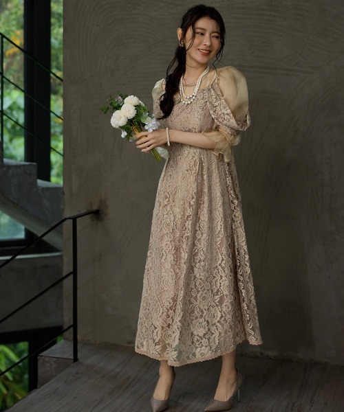 Cinderella(シンデレラ)の「ドレス ワンピース パーティドレス 結婚式 お呼ばれ 二次会 謝恩会 オケージョンドレス 総レース フォーマルドレス パフスリーブ レースドレス シアー袖 シースルー シアーデコルテ フォーマルワンピース ハイウエスト フレアスカート ロング丈 ミモレ丈 同窓会(ドレス・レディース・ラベンダー/ネイビー/ベージュ・LARGE/X-LARGE/MEDIUM)」の5枚目の写真
