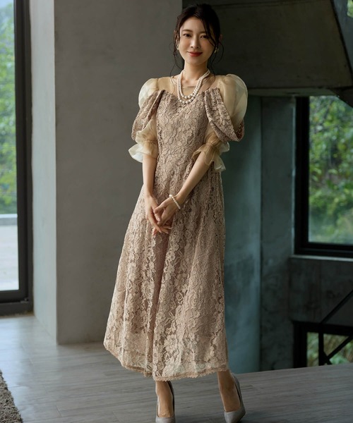Cinderella(シンデレラ)の「ドレス ワンピース パーティドレス 結婚式 お呼ばれ 二次会 謝恩会 オケージョンドレス 総レース フォーマルドレス パフスリーブ レースドレス シアー袖 シースルー シアーデコルテ フォーマルワンピース ハイウエスト フレアスカート ロング丈 ミモレ丈 同窓会(ドレス・レディース・ラベンダー/ネイビー/ベージュ・LARGE/X-LARGE/MEDIUM)」の6枚目の写真