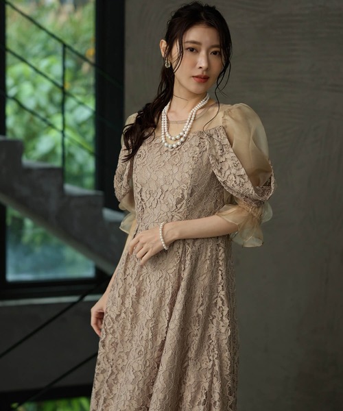 Cinderella(シンデレラ)の「ドレス ワンピース パーティドレス 結婚式 お呼ばれ 二次会 謝恩会 オケージョンドレス 総レース フォーマルドレス パフスリーブ レースドレス シアー袖 シースルー シアーデコルテ フォーマルワンピース ハイウエスト フレアスカート ロング丈 ミモレ丈 同窓会(ドレス・レディース・ラベンダー/ネイビー/ベージュ・LARGE/X-LARGE/MEDIUM)」の8枚目の写真
