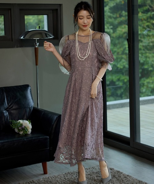 Cinderella(シンデレラ)の「ドレス ワンピース パーティドレス 結婚式 お呼ばれ 二次会 謝恩会 オケージョンドレス 総レース フォーマルドレス パフスリーブ レースドレス シアー袖 シースルー シアーデコルテ フォーマルワンピース ハイウエスト フレアスカート ロング丈 ミモレ丈 同窓会(ドレス・レディース・ラベンダー/ネイビー/ベージュ・LARGE/X-LARGE/MEDIUM)」の9枚目の写真