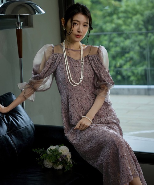 Cinderella(シンデレラ)の「ドレス ワンピース パーティドレス 結婚式 お呼ばれ 二次会 謝恩会 オケージョンドレス 総レース フォーマルドレス パフスリーブ レースドレス シアー袖 シースルー シアーデコルテ フォーマルワンピース ハイウエスト フレアスカート ロング丈 ミモレ丈 同窓会(ドレス・レディース・ラベンダー/ネイビー/ベージュ・LARGE/X-LARGE/MEDIUM)」の10枚目の写真