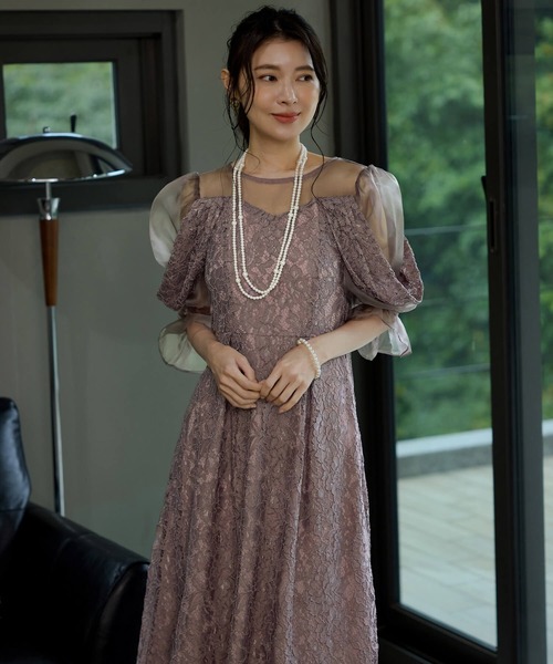 Cinderella(シンデレラ)の「ドレス ワンピース パーティドレス 結婚式 お呼ばれ 二次会 謝恩会 オケージョンドレス 総レース フォーマルドレス パフスリーブ レースドレス シアー袖 シースルー シアーデコルテ フォーマルワンピース ハイウエスト フレアスカート ロング丈 ミモレ丈 同窓会(ドレス・レディース・ラベンダー/ネイビー/ベージュ・LARGE/X-LARGE/MEDIUM)」の12枚目の写真