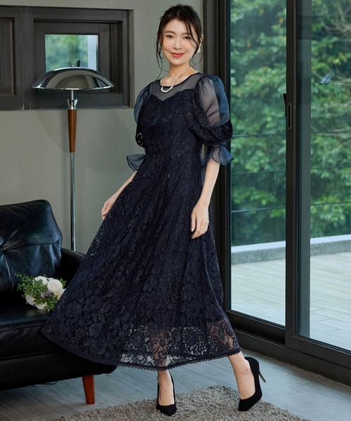Cinderella(シンデレラ)の「ドレス ワンピース パーティドレス 結婚式 お呼ばれ 二次会 謝恩会 オケージョンドレス 総レース フォーマルドレス パフスリーブ レースドレス シアー袖 シースルー シアーデコルテ フォーマルワンピース ハイウエスト フレアスカート ロング丈 ミモレ丈 同窓会(ドレス・レディース・ラベンダー/ネイビー/ベージュ・LARGE/X-LARGE/MEDIUM)」の14枚目の写真
